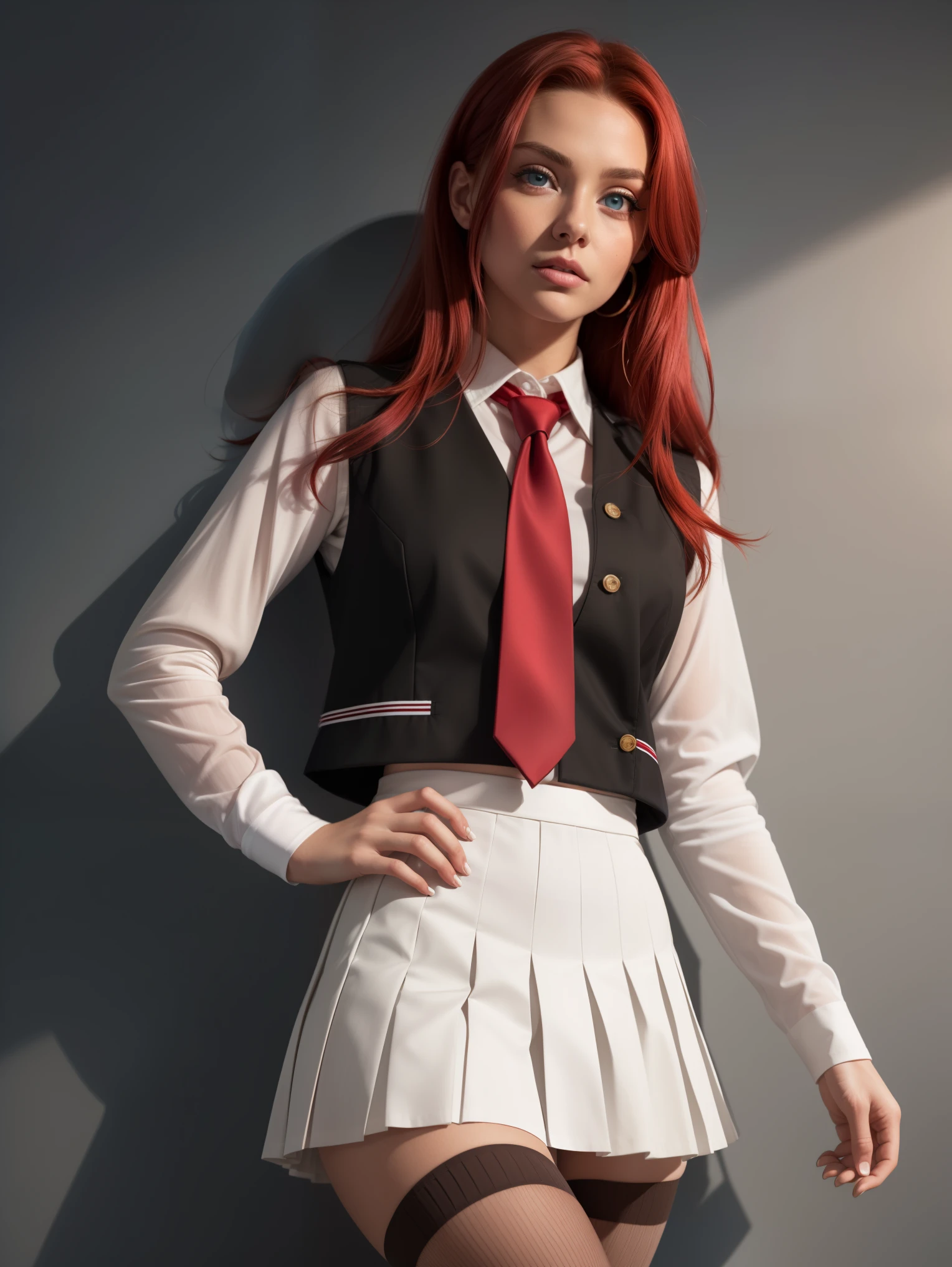 kallen stadtfeld, blue eyes, ((red hair:1.5)), short hair,
(school uniform, red necktie, white shirt, pleated skirt, black skirt, white thighhighs, brown vest, long sleeves:1.5))
(masterpiece:1.2), best quality, high resolution, unity 8k wallpaper, (illustration:0.8), (beautiful detailed eyes:1.6), extremely detailed face, perfect lighting, extremely detailed CG, (perfect hands, perfect anatomy),