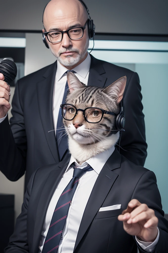 create image with free AI of a cat in a suit and tie with a microphone interviewing a bald man with glasses and a white beard with a headset