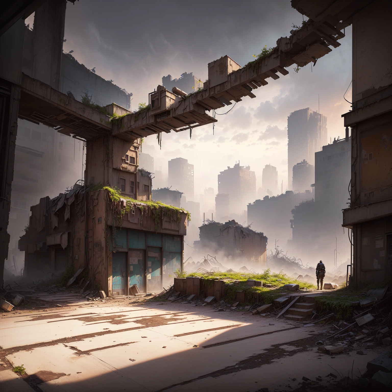 human mummy standing and looking ouy, there is a bench in a garden with a building in the background, cyberpunk garden, in a cyberpunk garden, overgrown city, outdoors ruined cityscape, highly realistic concept art, relaxing concept art, photorrealistic concept art, inspired by Wadim Kashin, stunning photo real concept art, in a post-apocalyptic wasteland, photorealistic concept art, post apocalyptic view