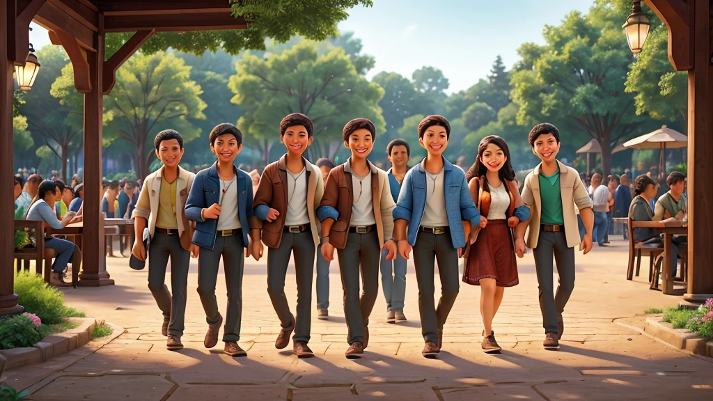 a group of friends from diverse cultural backgrounds, smiling and enjoying themselves together, 1 man in the center, detailed facial features, high quality, intricate details, photorealistic, beautiful outdoor park setting, warm lighting, vibrant colors, natural environment