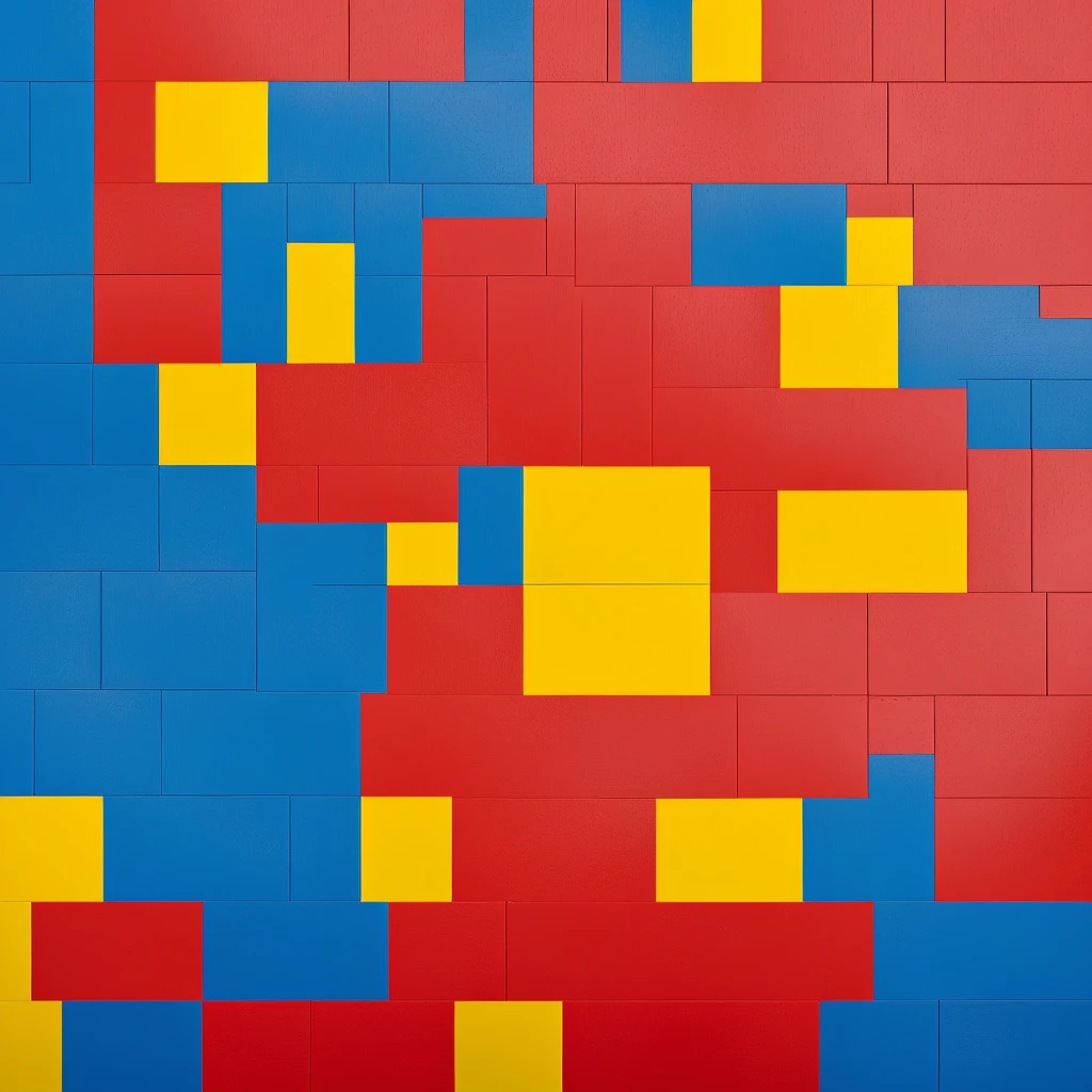 minimalist logo design of a house red roof and a blue and yellow house, Red - yellow - blue building, logo without text, minimalist logo without text, using lego pieces to layout
