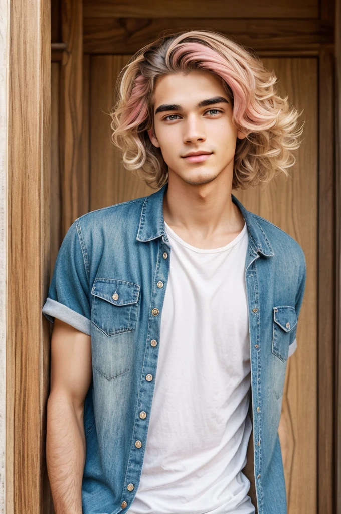 he is a man , He is light colored, Her hair is wavy, half short and half long., has a thin face, his eyebrows are thick, beautiful, His eyes are honey colored, His eyelashes are long, his nose is thin, Her lips are full and pink, he is thin, wear casual clothes, he is American, he is 22 years old, He has cute gestures, his expression is love, gives a vibe of love, He has a look of knowing more about him, He is a Taurus sign., digital illustration of books. digital art