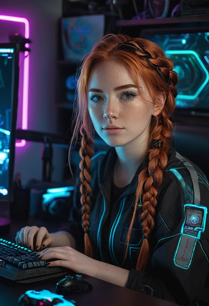 21 year old redhead woman braids her hair create a close up of a desk with a computer and a monitor, gamer themed, gaming room, cyberpunk setting, in a cyberpunk themed room, gaming room in 2 0 4 0, gamer aesthetic, dark setup, led gaming, cyberpunk vibe, gaming computers, ❤🔥🍄🌪, scifi room, subtle neon underlighting, pc gaming, nice lighting