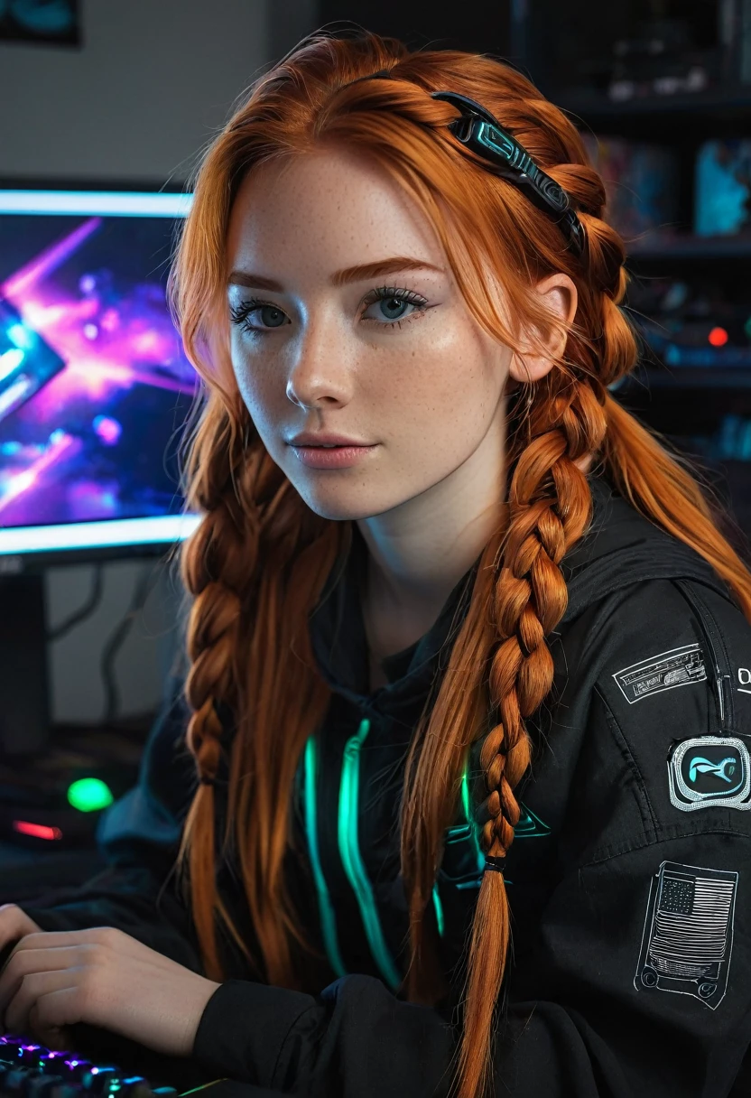 21 year old redhead woman braids her hair create a close up of a desk with a computer and a monitor, gamer themed, gaming room, cyberpunk setting, in a cyberpunk themed room, gaming room in 2 0 4 0, gamer aesthetic, dark setup, led gaming, cyberpunk vibe, gaming computers, ❤🔥🍄🌪, scifi room, subtle neon underlighting, pc gaming, nice lighting

