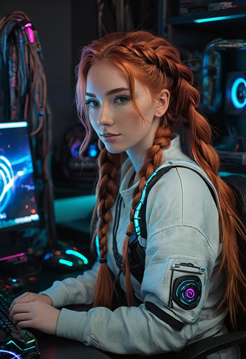 21 year old redhead woman braids her hair create a close up of a desk with a computer and a monitor, gamer themed, gaming room, cyberpunk setting, in a cyberpunk themed room, gaming room in 2 0 4 0, gamer aesthetic, dark setup, led gaming, cyberpunk vibe, gaming computers, ❤🔥🍄🌪, scifi room, subtle neon underlighting, pc gaming, nice lighting
