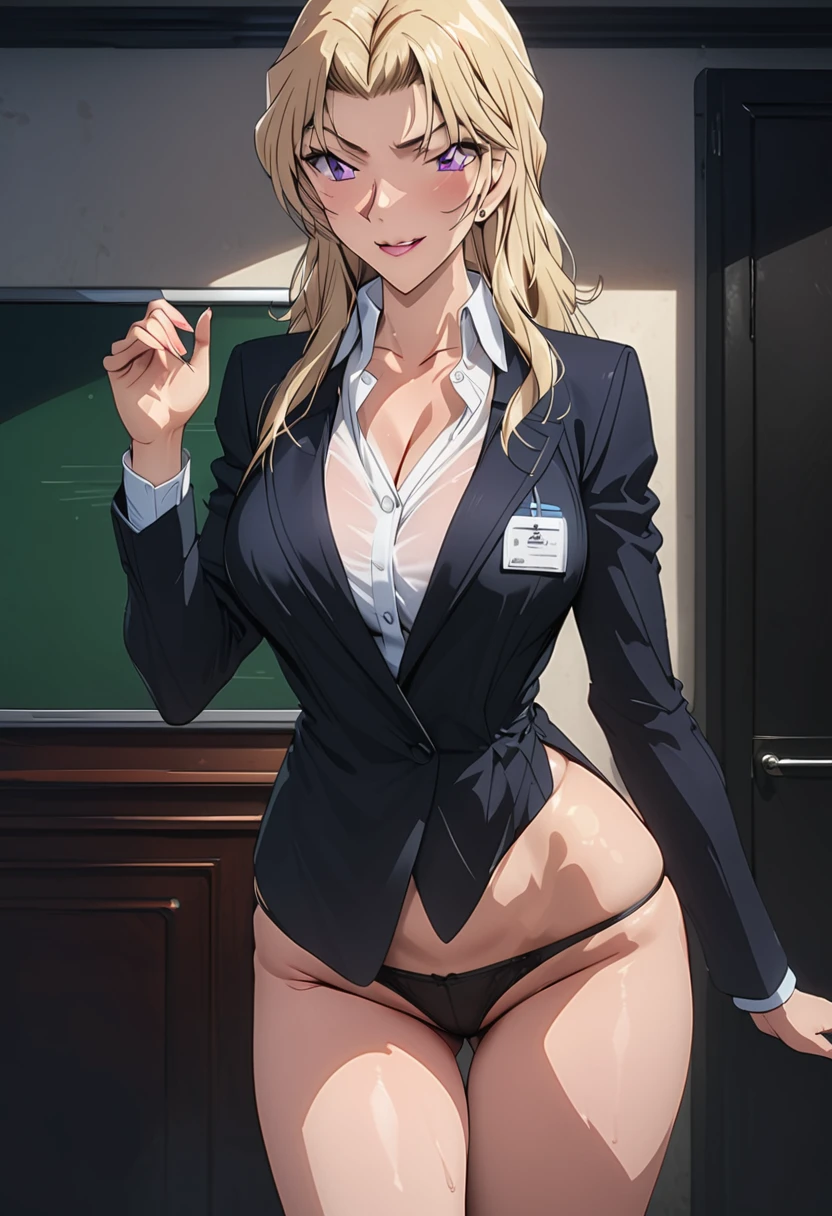 A beautiful teacher in a suit stands in the room, There is a blackboard on the wall behind her, Beautiful teacher, Sexy, aloof, Black wrapped long legs, blonde, Licking lips,Ultra HD, Retina, precise, masterpiece, Anatomically correct, Textured Skin, Super Detail, high quality, High Detail, best quality, high resolution, 1080P