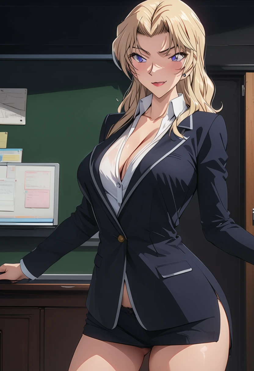 A beautiful teacher in a suit stands in the room, There is a blackboard on the wall behind her, Beautiful teacher, Sexy, aloof, Black wrapped long legs, blonde, Licking lips,Ultra HD, Retina, precise, masterpiece, Anatomically correct, Textured Skin, Super Detail, high quality, High Detail, best quality, high resolution, 1080P