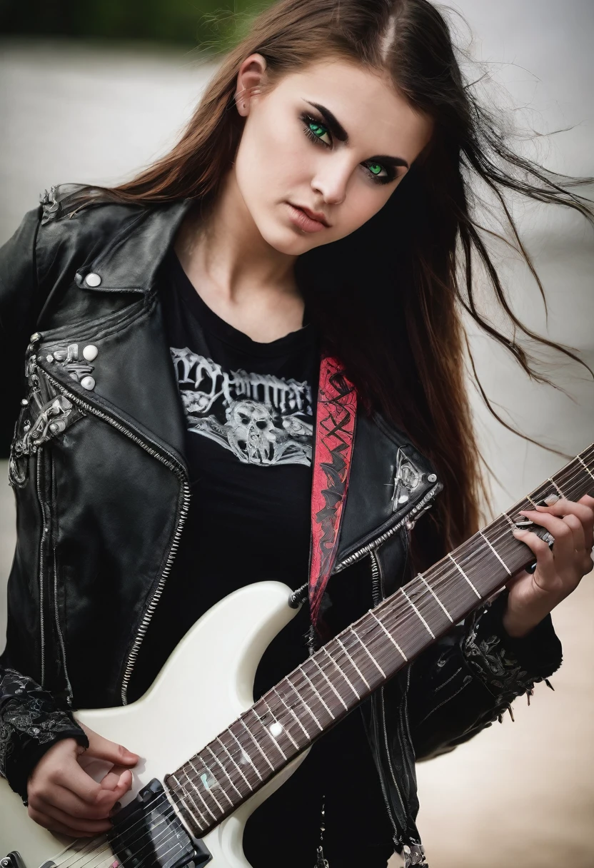 Young girl 24 years old , german traits, green eyes, dressed in heavy metal style, playing a guitar