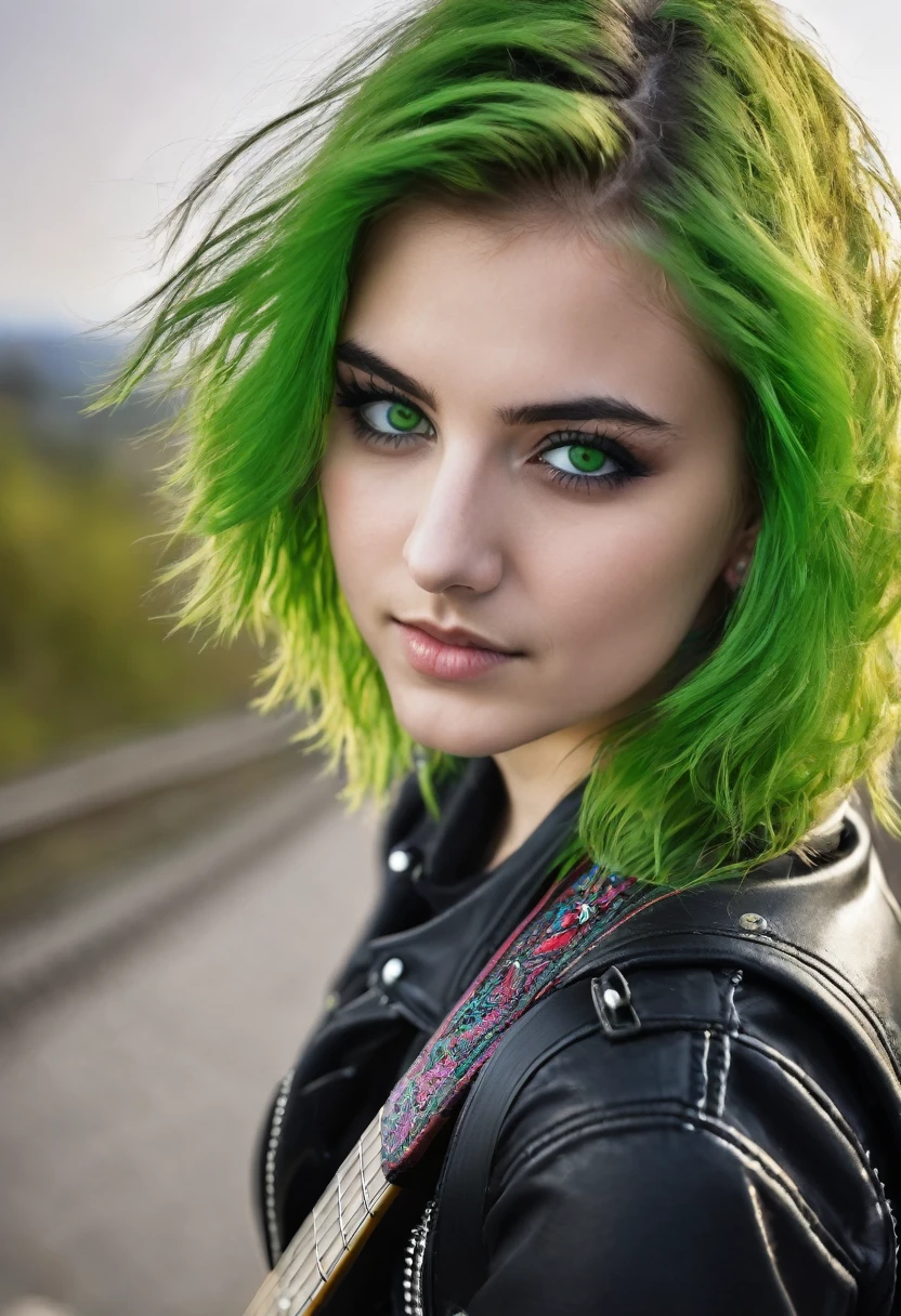 Young girl 24 years old , german traits, green eyes, dressed in heavy metal style, playing a guitar