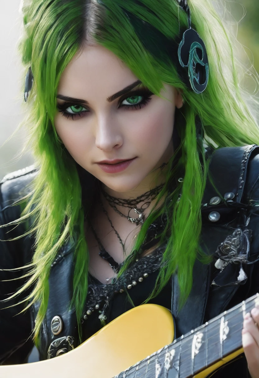 Young girl 24 years old , german traits, green eyes, dressed in heavy metal style, playing a guitar