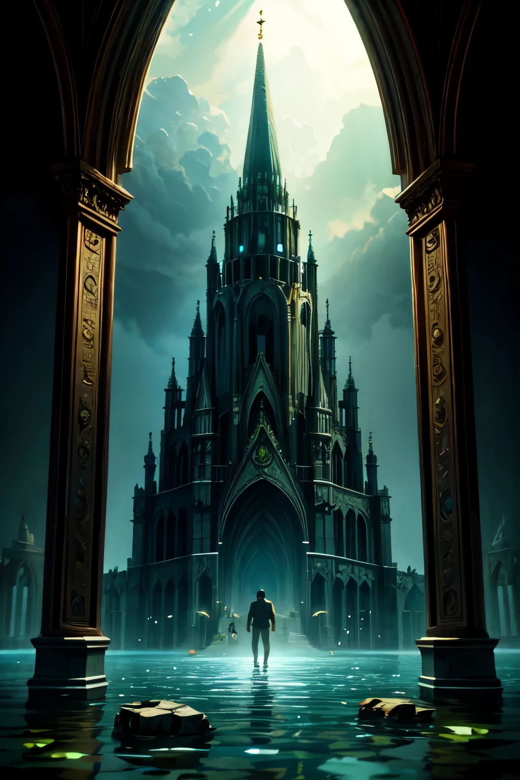 divers swim towards a submerged city, an image inspired by the stories of Howard Phillips Lovecraft, "The Temple"