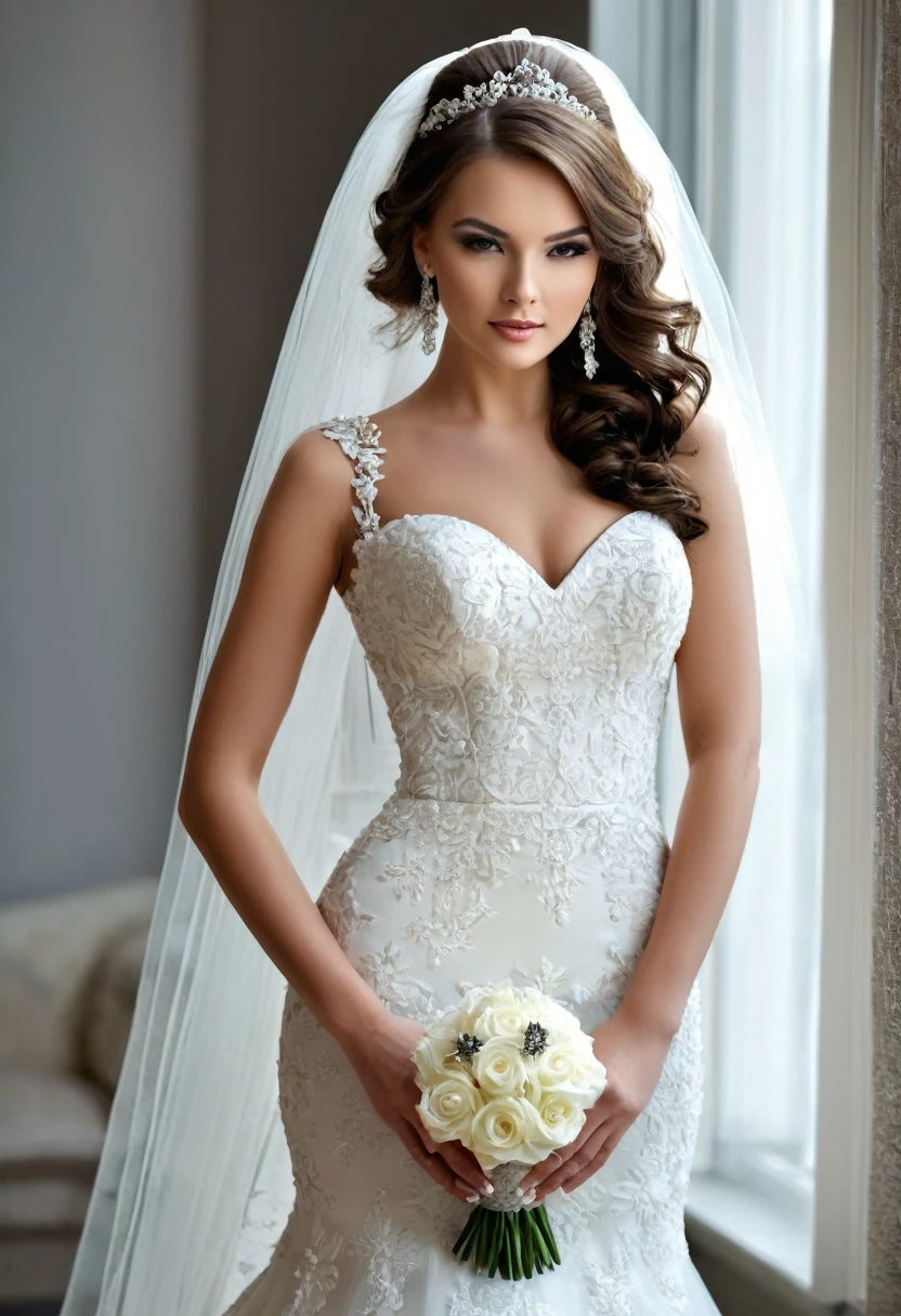 Beautiful woman, beautiful bride dresses, beautiful style, beautiful makeup, full length