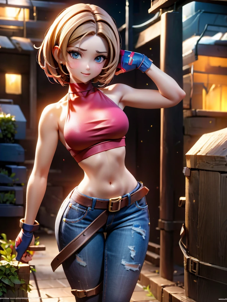 30 year old woman, alone, athletic, by the semi-cut ruby, she is wearing a tight red crop top, he wears blue jogger pants, has two belts, one small and the other a large belt hanging from his brown waist., wears blue fingerless gloves , he wears brown boots, smile at the viewer, points at the viewer, There is a little brown dog with white spots with her, high resolution, absurd, intricate, sharp focus, a New York alley in the background, Best Quality, Masterpiece, high resolution, Perfect picture, Very detailed, High contrast, Digital colors, simple, medium shot, cinematographic, ultra sharp focus, award-winning photography, perFect contrast, high sharpness, depth of field, ultra detailed photography, global illumination, fluid, ultra high definition, 8k, unreal engine 5, ultra-sharp focus, award-winning photography, Art Season Trends,
