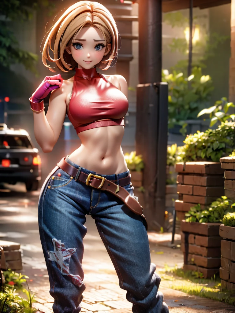 30 year old woman, alone, athletic, by the semi-cut ruby, she is wearing a tight red crop top, he wears blue jogger pants, has two belts, one small and the other a large belt hanging from his brown waist., wears blue fingerless gloves , he wears brown boots, smile at the viewer, points at the viewer, There is a little brown dog with white spots with her, high resolution, absurd, intricate, sharp focus, a New York alley in the background, Best Quality, Masterpiece, high resolution, Perfect picture, Very detailed, High contrast, Digital colors, simple, medium shot, cinematographic, ultra sharp focus, award-winning photography, perFect contrast, high sharpness, depth of field, ultra detailed photography, global illumination, fluid, ultra high definition, 8k, unreal engine 5, ultra-sharp focus, award-winning photography, Art Season Trends,
