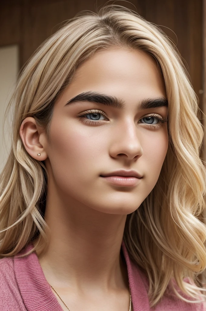 he is a man , He is light colored, Her hair is wavy, half short and half long., has a thin face, his eyebrows are thick, beautiful, His eyes are honey colored, His eyelashes are long, his nose is thin, Her lips are full and pink, he is thin, wear casual clothes, he is American, he is 22 years old, He has cute gestures, his expression is love, gives a vibe of love, He has a look of knowing more about him, He is a Taurus sign., digital illustration of books. digital art