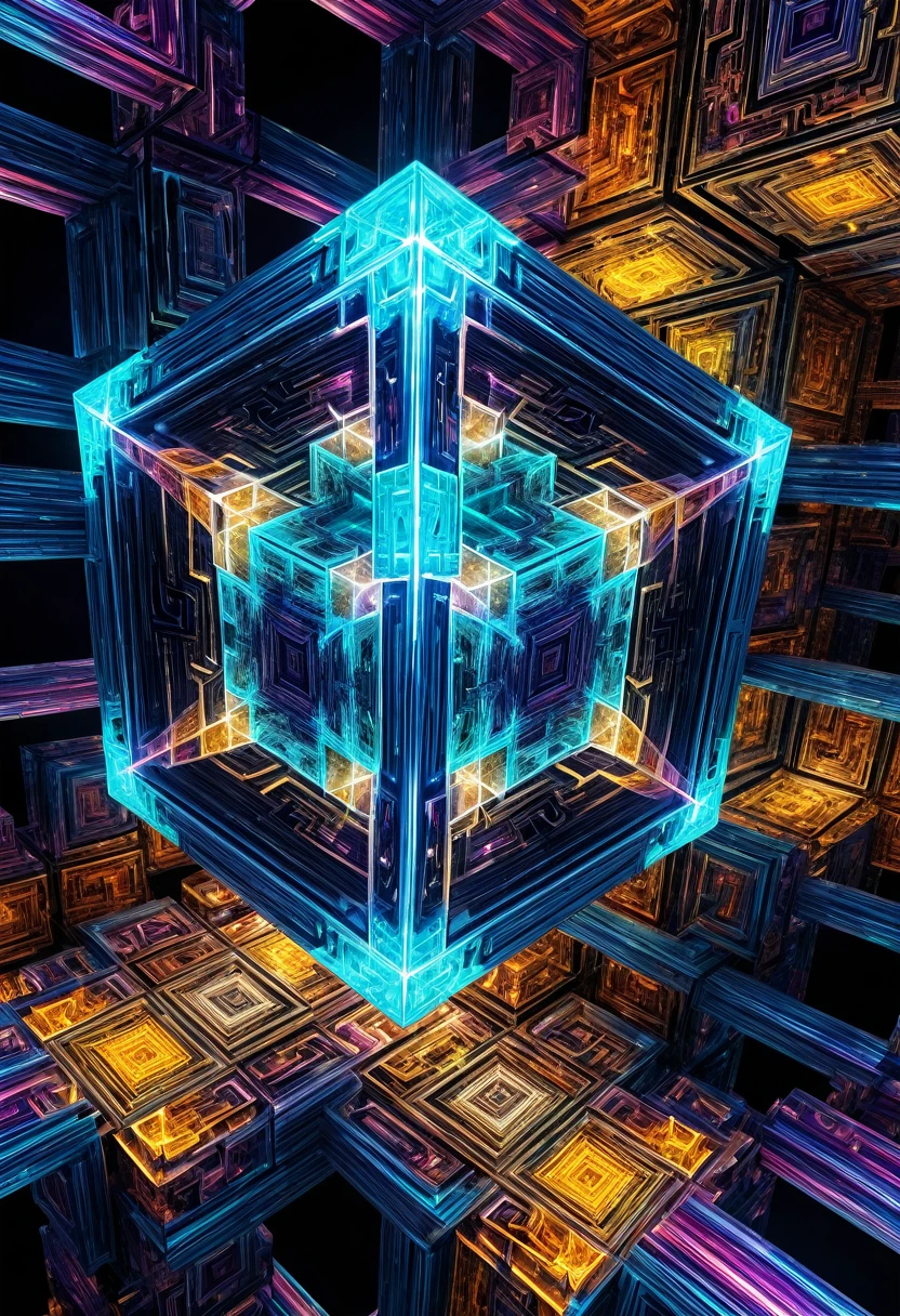 77^(3), they are entering the hypercube dimension((changing perspectives)), fractal,deep wiew,ultra high resolution,hyperdetailed, masterpiece, 3d modelling, abstract art, digital art.