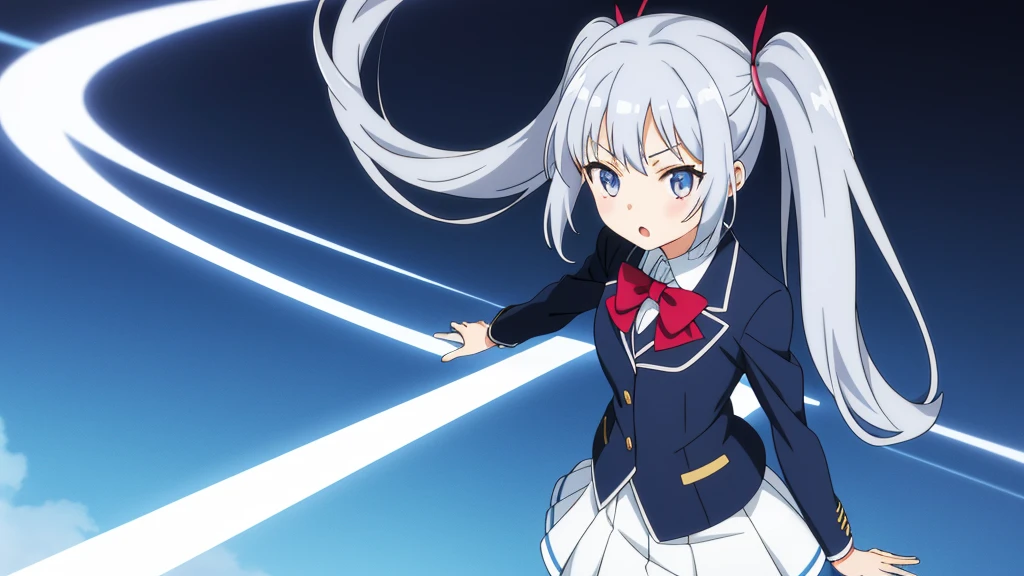 1girl, anime girl, silver hair, long twintails, silver eyes, dark blue school suit, white skirt with white line, anime wallpaper, points to the left, :o