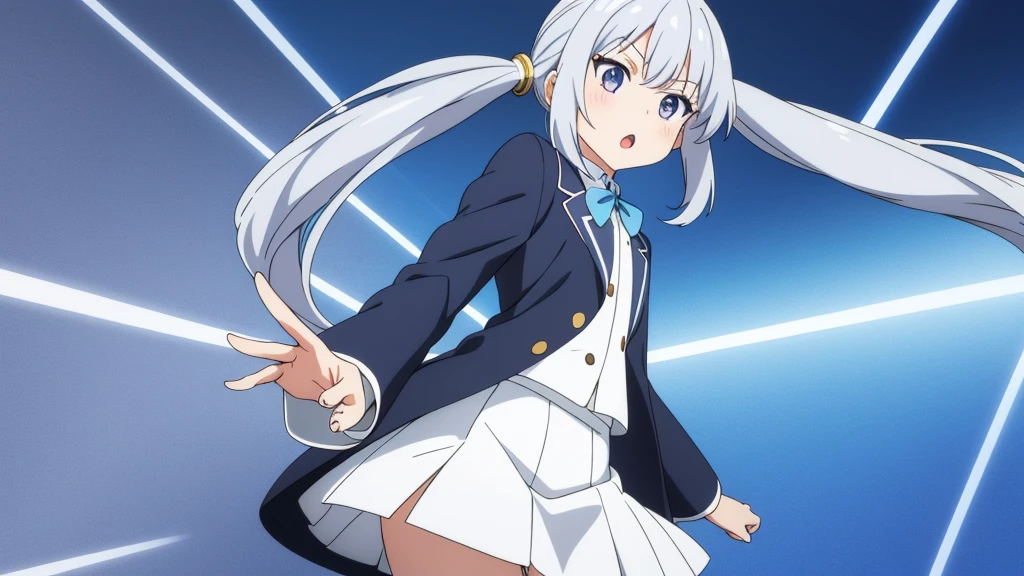 1girl, anime girl, silver hair, long twintails, silver eyes, dark blue school suit, white skirt with white line, anime wallpaper, points to the left, :o