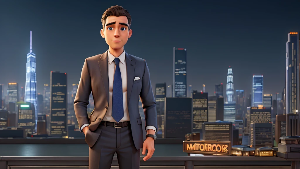 a confident man standing in front of a banner or sign that says "Metropolis Conference", professional attire, detailed facial features, high quality, photorealistic, cinematic lighting, detailed environment, urban city background, clean sharp focus, ultra detailed