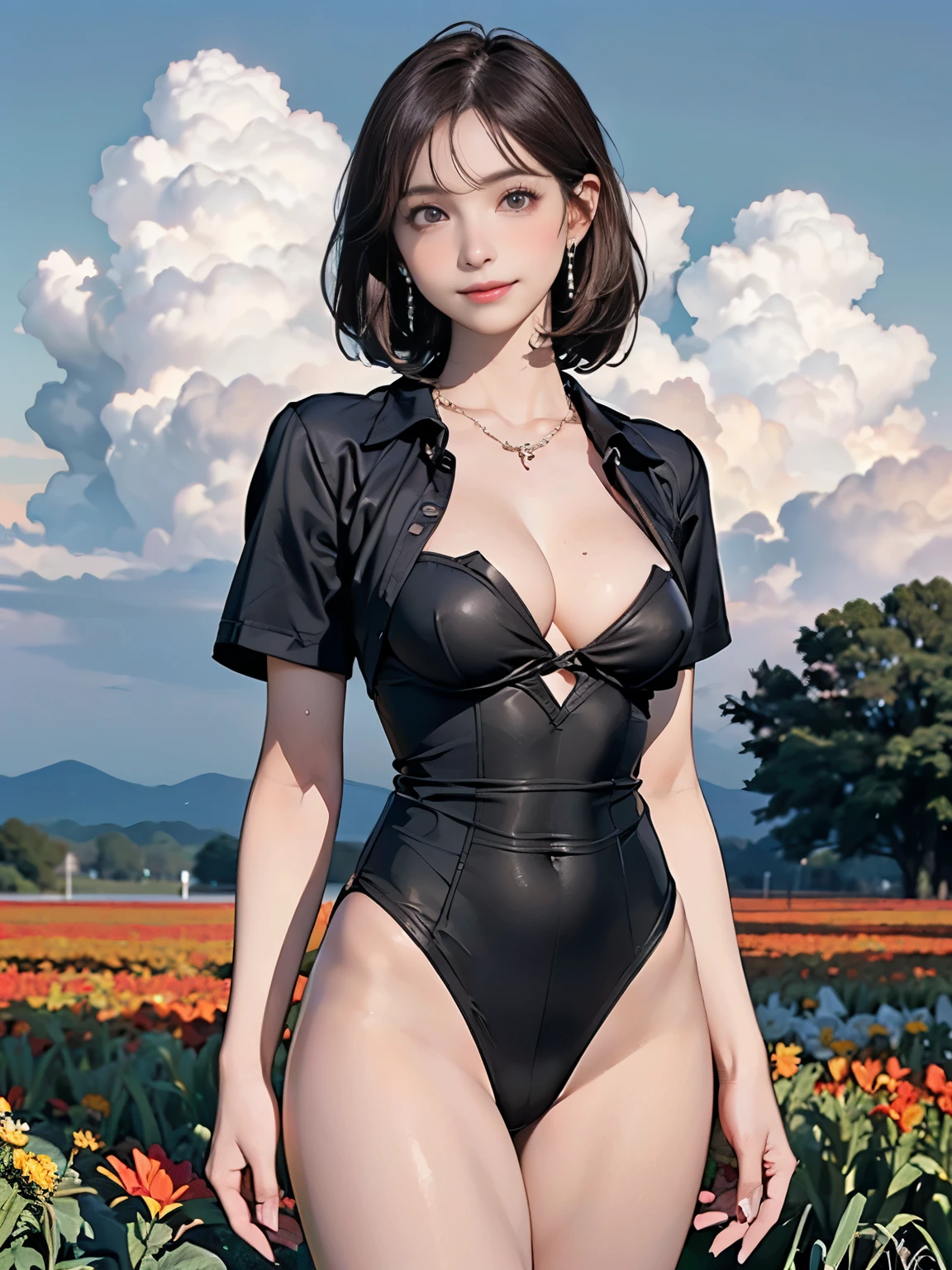 ((((Highest quality))))、(((Ultra-precision CG16K wallpaper)))、(((masterpiece)))、(((Super detailed)))、(((Extreme detail)))、((１Mature 29 year old woman:1.6))、((Very beautiful Japan face of a person))、((Urizane Face:1.8))、((Short bob straight hair:1.8))、(Shiny Hair)、A delicately drawn beautiful face、(Dark Eyes、Reflected light from the eye)、double eyelid、High nose、Small nostrils、Small Mouth、Seductive lips、Beautiful breasts、((C cup size breasts))、Cleavage、Delicate nails、Beautiful feet、((Thin thighs))、eight-headed body、Perfect proportions、Perfect Anatomy、Perfect composition、Beautiful detailed shading、Beautiful, natural lighting、Beautiful detail glow、Depth of written boundary、(((High chroma)))、(((Real:1.9)))、((vivid:1.5))、((Beautiful Skin))、((Skin Texture))、((Realな皮膚感))、(((Cowboy Shot:1.6)))、(((front view、shoot from front、front low angle:1.6)))、(((smile:1.4)))、(((looking at camera:1.6)))、Bright daylight、Natural light、(((background_Flower Field、Sky and Clouds:1.5)))、(Walking pose:1.6)、(((Dark red gauze leotard with short sleeve shirt:1.6)))、((necklace、Wearing earrings:1.5))、