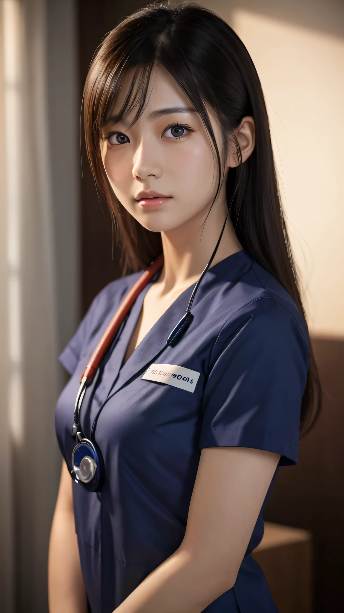 A beautiful young Japanese woman, around 20 years old, wearing a Nurses' Uniforms, ultra-detailed, 8K resolution, highly realistic, cinematic lighting, best quality, masterpiece, photorealistic, physically-based rendering, extremely detailed, vivid colors, professional, sharp focus, studio lighting