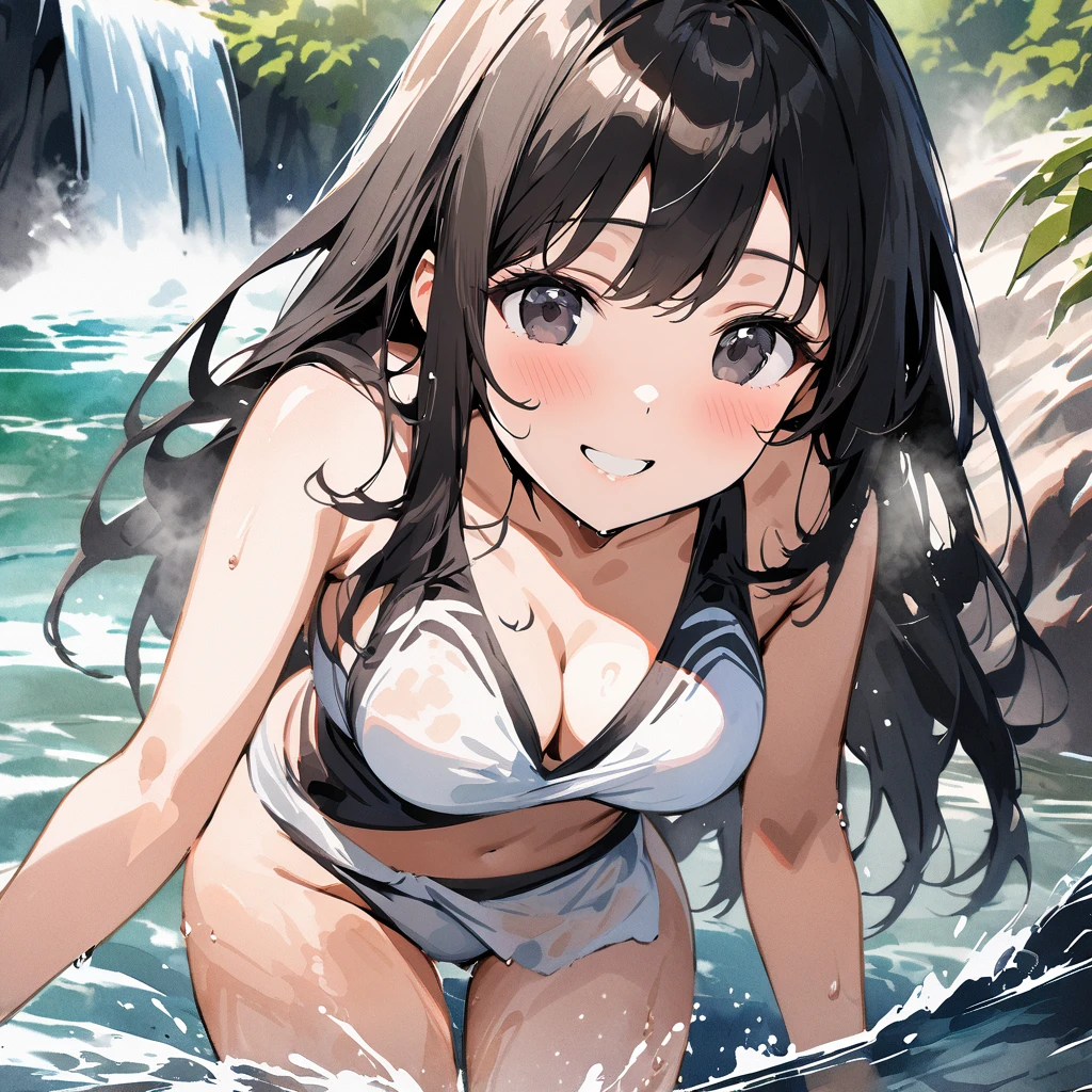 Top quality, masterpiece, watercolor style, Crystal-clear waters,solo woman, black long hair,black eyes,Japanese white loincloth style swimsuit, The best smile,being hit by a waterfall in the river, heavy water spray, beautiful natural environment