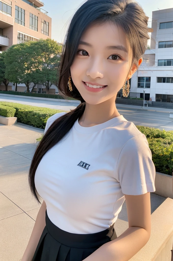 Rooftop of university building, 4th year university student, ((full body)), ((photo)), ((best qualtiy, 8K, tmasterpiece:1.3)), Focus:1.2, perfect figure beautiful girl:1.4, 1girl, cowboy shot, look at viewer, eyes facing the camera, incredibly absurd, beautiful and cute girl with a photorealistic face, showcasing top-quality craftsmanship, A Japanese girl watching the sunset on the roof of a university building, 19 years old, long, straight, silky black hair, fair skin, big eyes, thin eyebrows, double eyelids, long eyelashes, pink lips, smile, devilish smile, gorgeous features, well-defined facial features, beautiful face line, mysterious beauty, slender, tall, well-balanced proportions, large E-cup breasts, white shirt, tight black skirt, beige pumps, gold necklace and bracelet, small earrings, elegant ring, pretty girl, beauty, devilish type, pretty older sister, passionate about art, sociable, friendly, positive, has leadership skills, is proactive, is flexible, gets things done efficiently, works hard towards dreams and goals, March