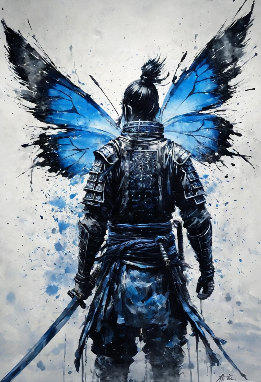 Ink Painting,Black and white painting,splash,Beautifully detailed glass hair,JUJUTSU KAİSEN,Itadori Yuuji,Samurai Armor,(Blue Butterfly々,Feather Powder),Back view,View your viewers,