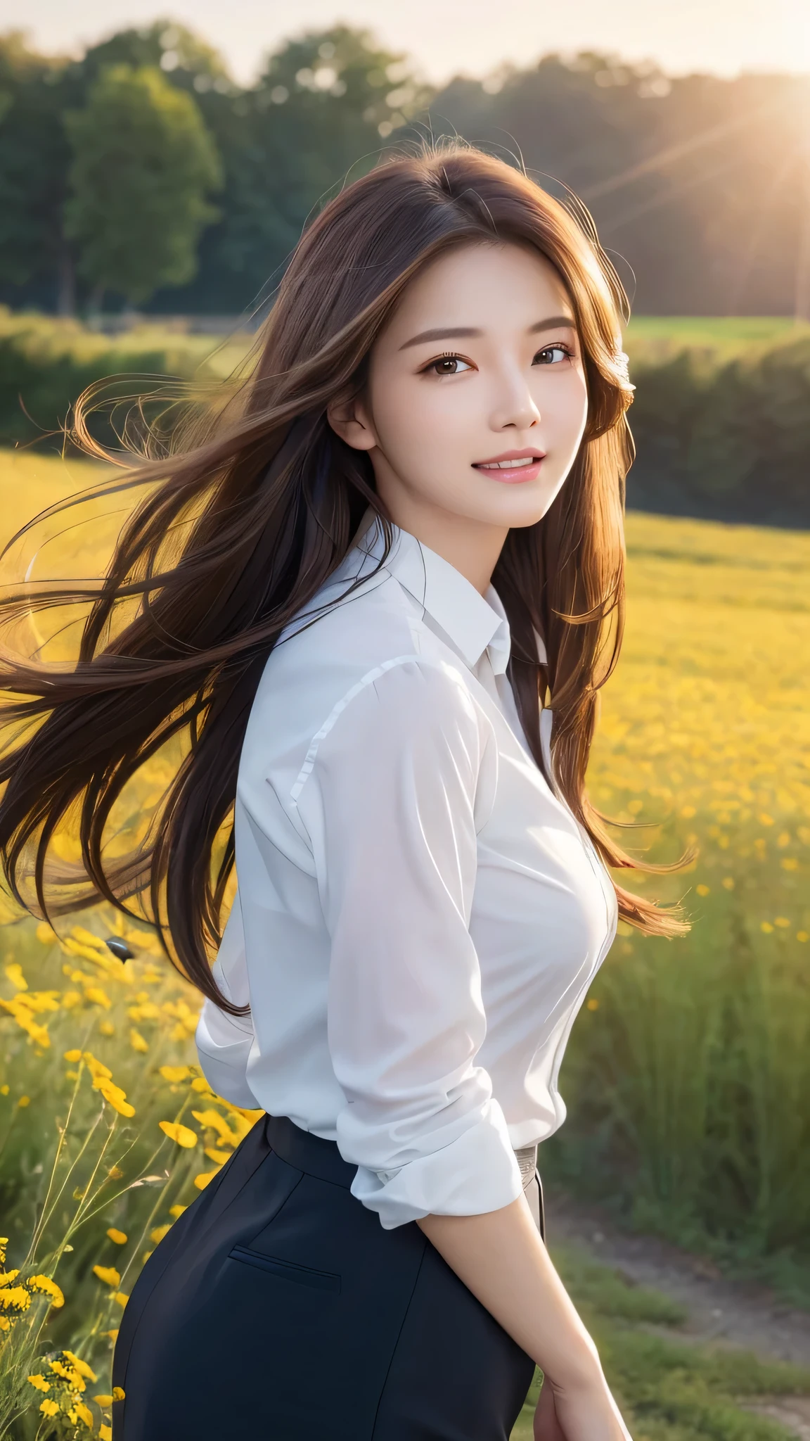 highest quality、genuine、Super detailed、finely、High resolution、8k wallpaper、one beautiful woman、、、light brown disheveled hair、wearing a business suit、sharp focus、perfect dynamic composition、beautiful and detailed eyes、thin hair、Detailed genuine skin texture、smile、model body shape、In a windswept meadow