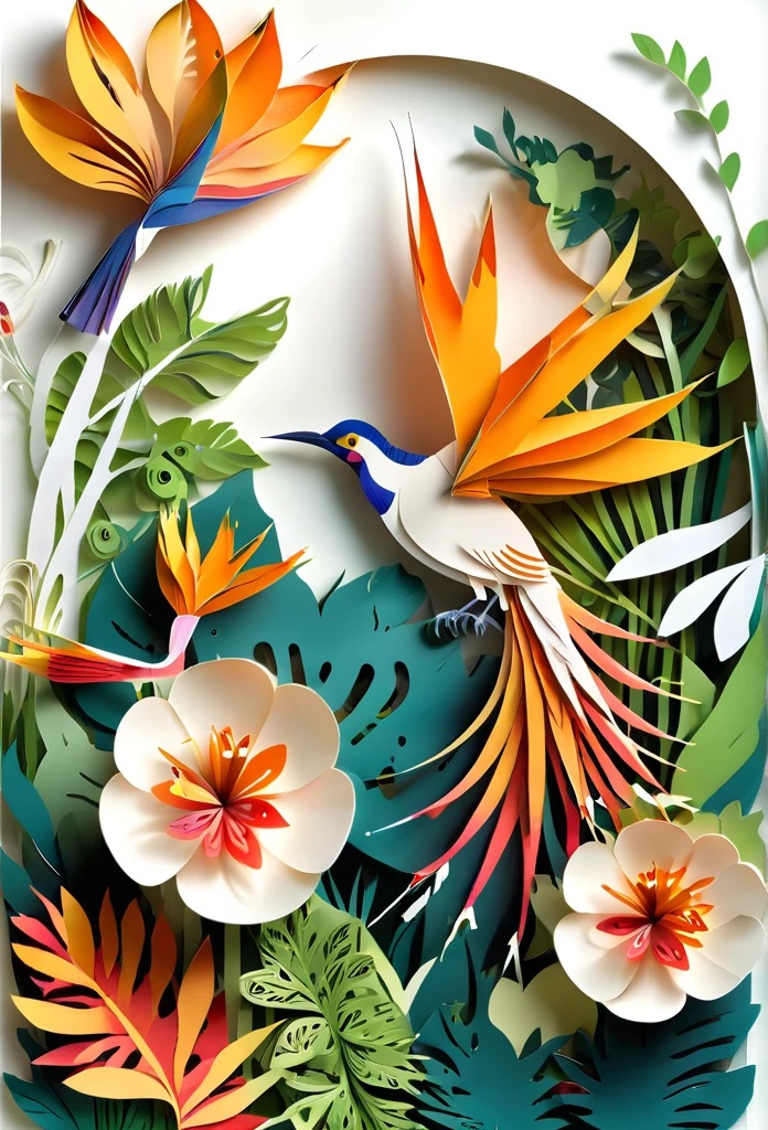 paper cuttings art, flower of the bird of paradise, tropical forest, (Flat paper cutout，paper art，layered paper art，paper quilling, digital art), Against a pure white background, vector illustration, papercut style, layers, colours, hires, high quality image, borders page, background, nature