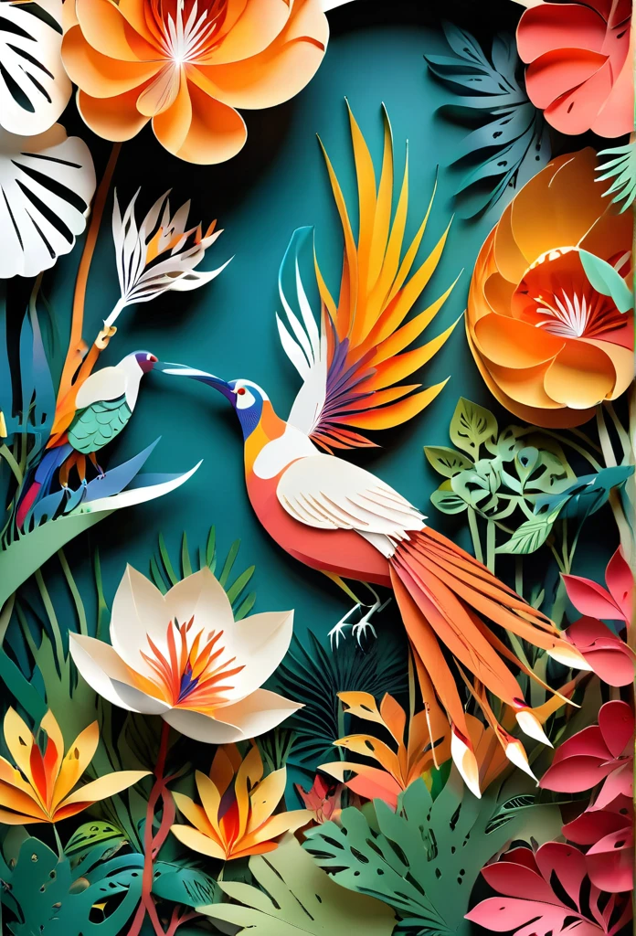 paper cuttings art, flower of the bird of paradise, tropical forest, (Flat paper cutout,paper art,layered paper art,paper quilling, digital art), Against a pure white background, vector illustration, papercut style, layers, colours, hires, high quality image, borders page, background, nature