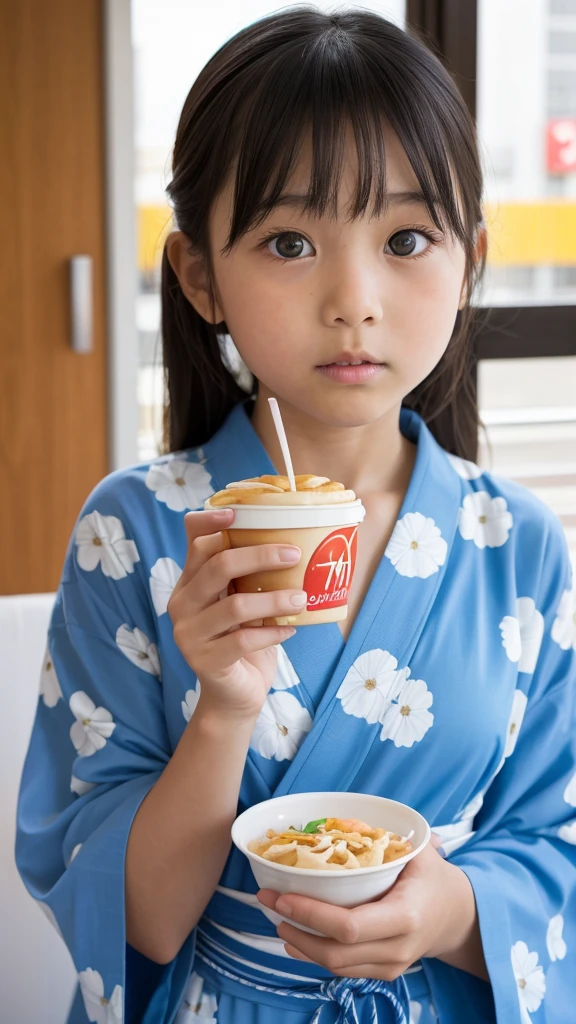 11 year old girl　Japanese　Light blue yukata　Realistic Skin　Bigeyes　Eating a Big Mac　フライドポテトを食べている