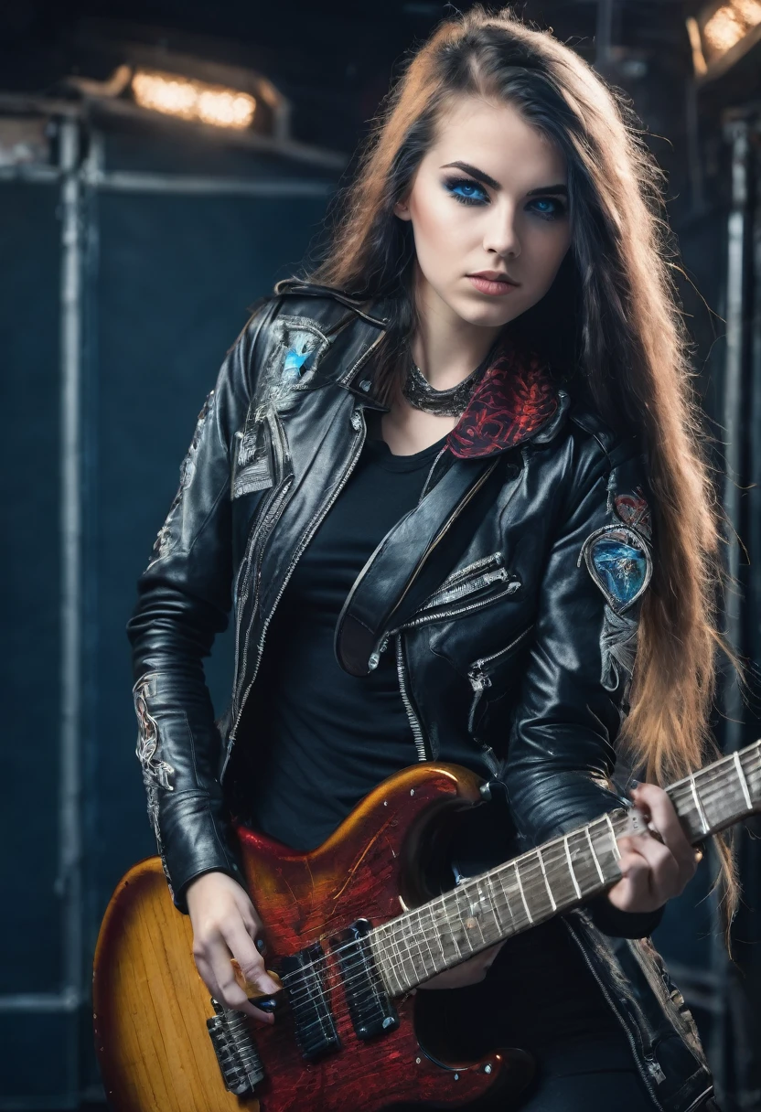 Young girl 24 years old , german traits, blue eyes, dressed in heavy metal style, playing a guitar 