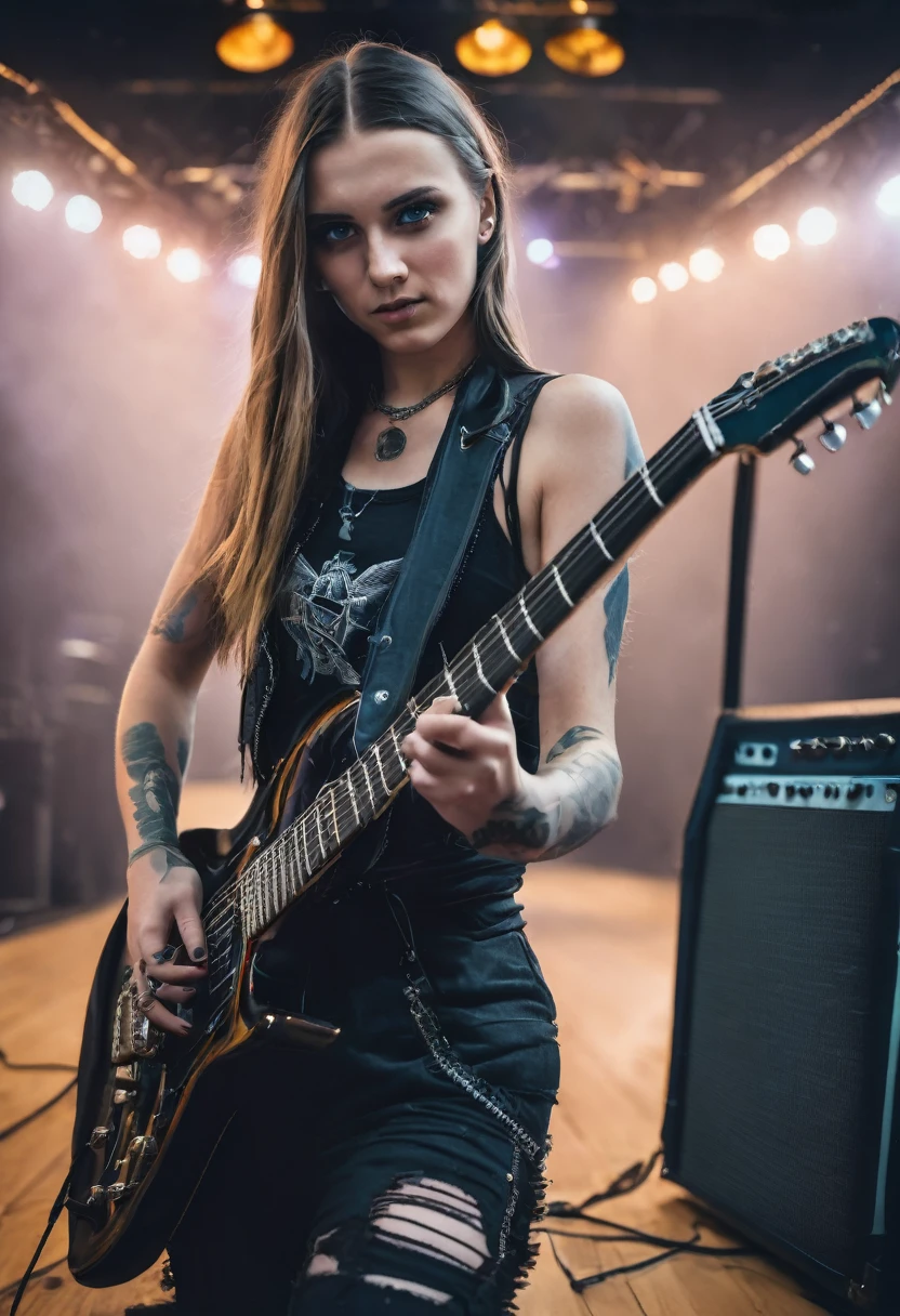 Young girl 24 years old , german traits, blue eyes, dressed in heavy metal style, playing a guitar