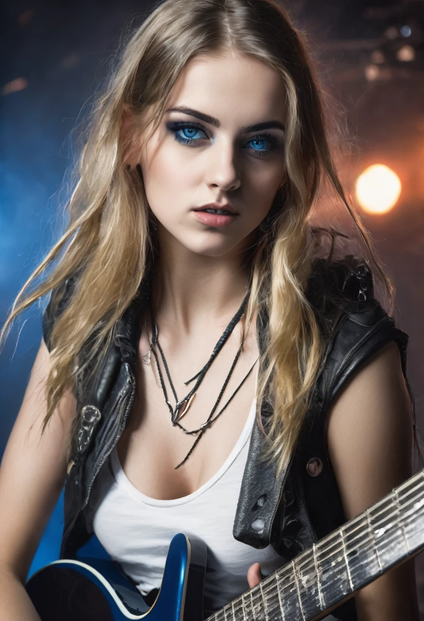 Young girl 24 years old , german traits, blue eyes, dressed in heavy metal style, playing a guitar