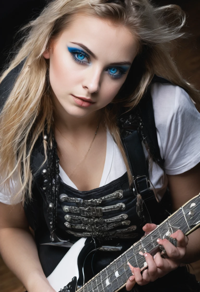 Young girl 24 years old , german traits, blue eyes, dressed in heavy metal style, playing a guitar 