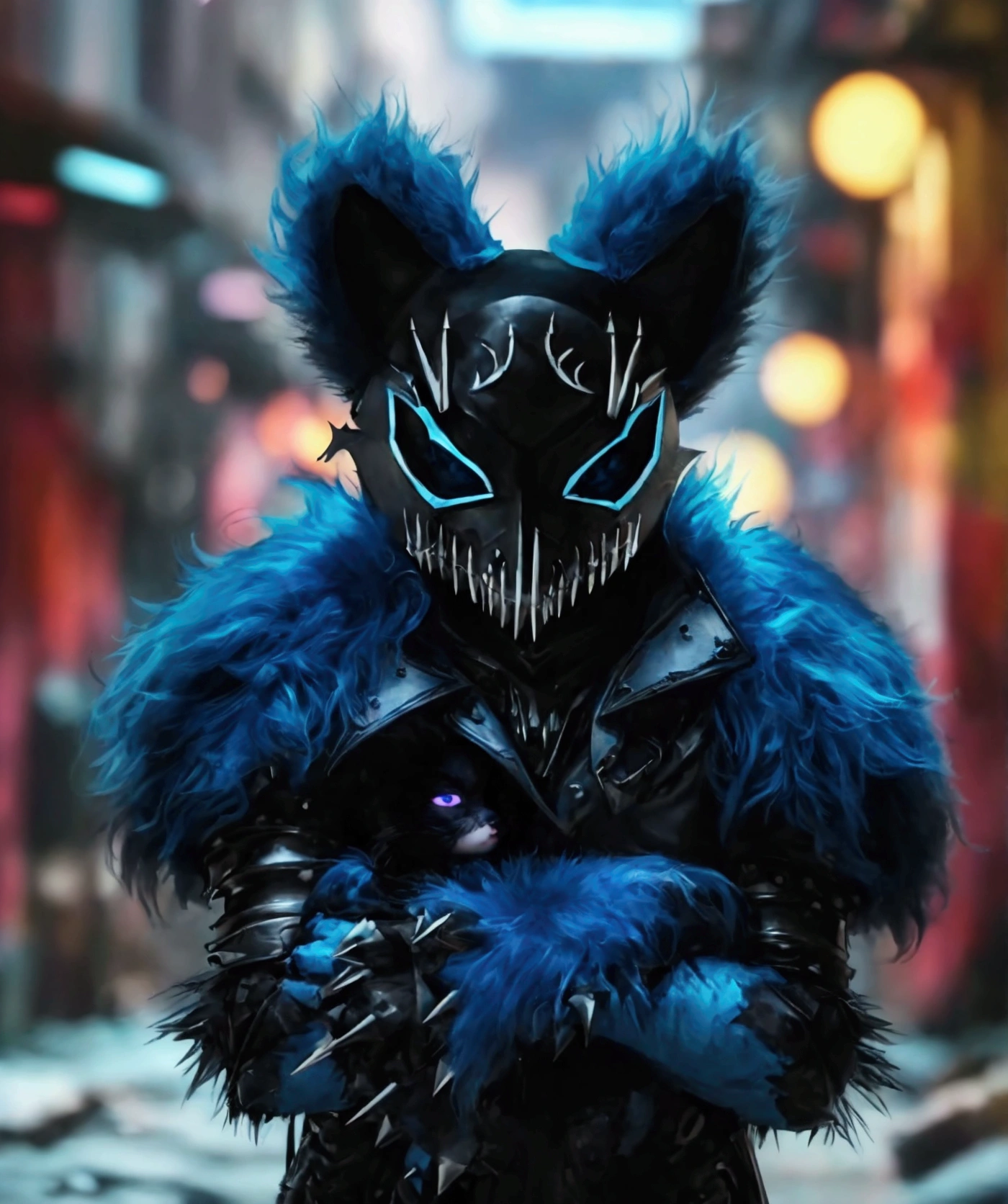 (extremely detailed 8k wallpaper), a medium shot photo of Grim dressed as a scary masked black and baby blue furry-supervillain in a black and baby blue spiked armour made of fur glowing armour with spikes from marvel, theme, intricate, high detail, dramatic, furry monster and destroyed buildings in the background