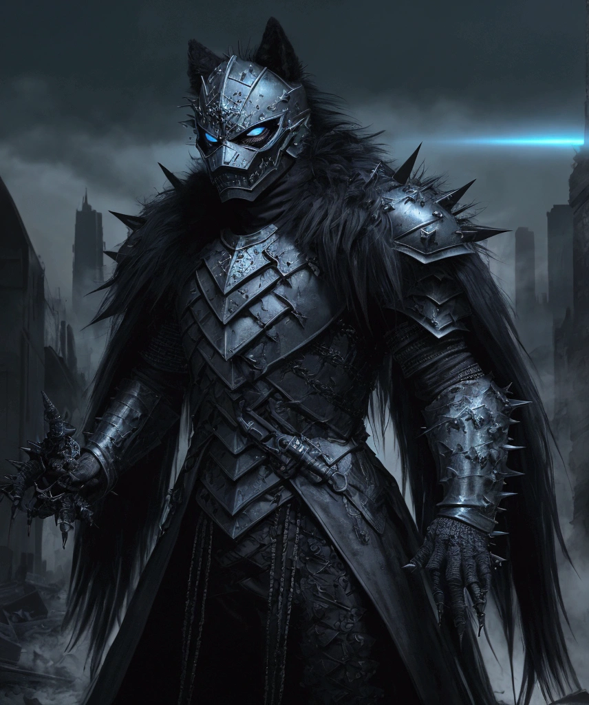 (extremely detailed 8k wallpaper), a medium shot photo of  Grim dressed as a scary masked black and baby blue furry-supervillain in a black and baby blue spiked armour made of fur glowing armour with spikes from marvel, theme, intricate, high detail, dramatic, furry monster and destroyed buildings in the background
