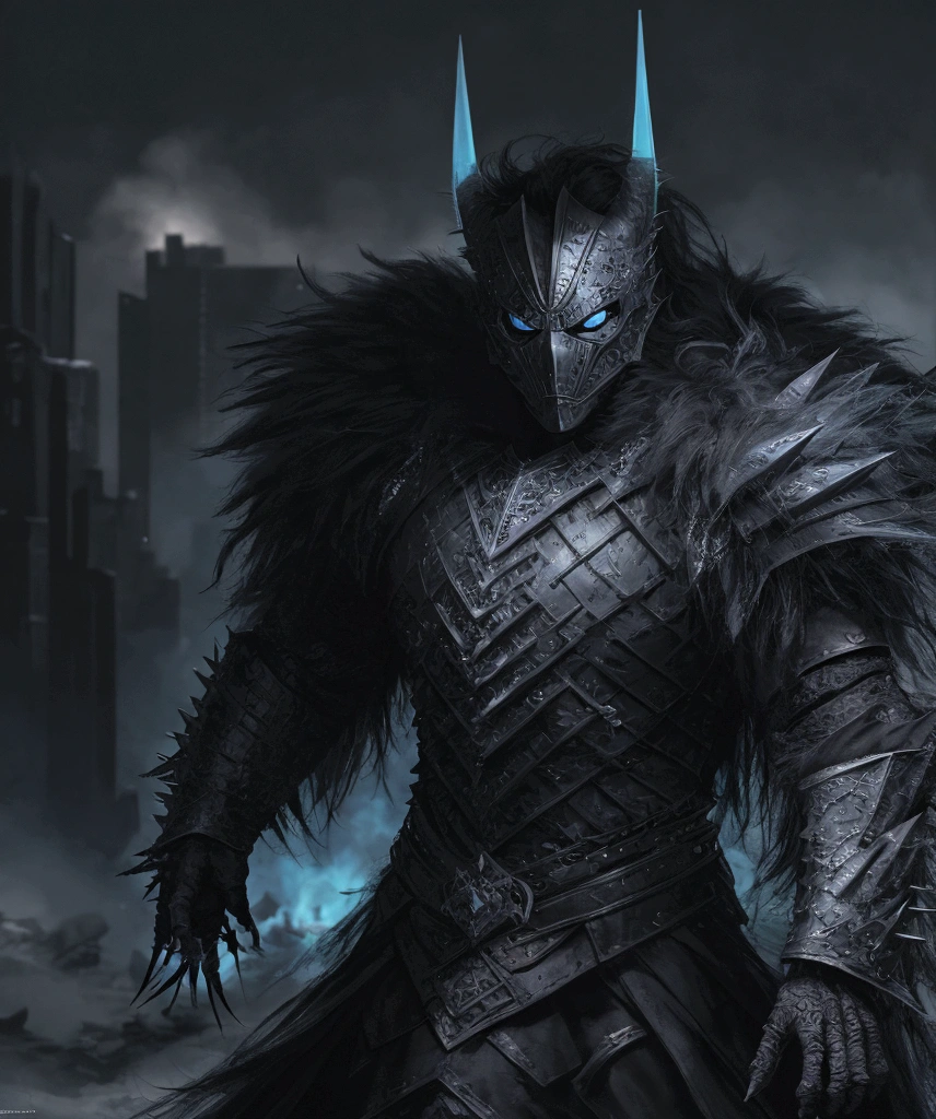 (extremely detailed 8k wallpaper), a medium shot photo of Grim dressed as a scary masked black and baby blue furry-supervillain in a black and baby blue spiked armour made of fur glowing armour with spikes from marvel, theme, intricate, high detail, dramatic, furry monster and destroyed buildings in the background