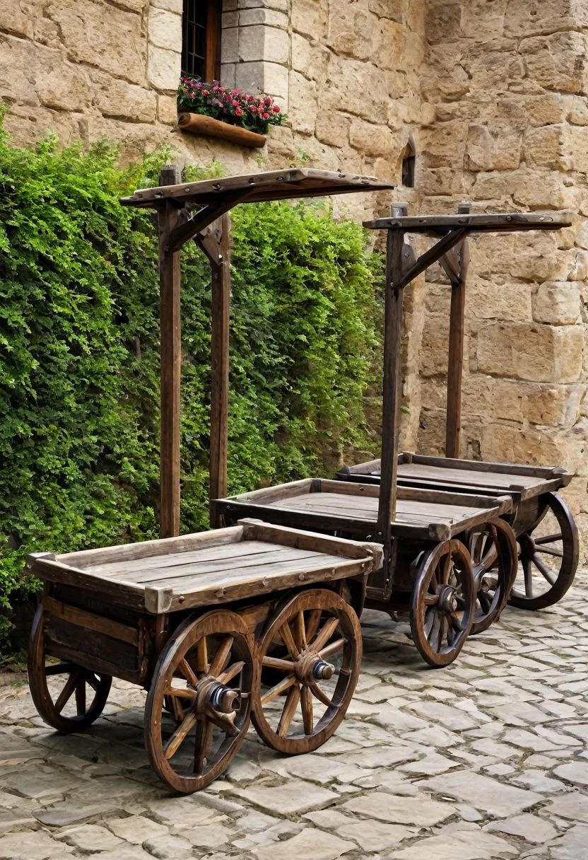 carts with wooden wheels , medieval era