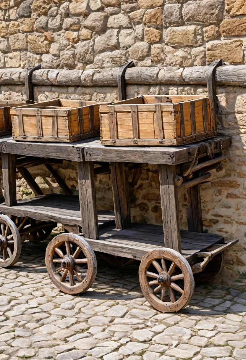 carts with wooden wheels , medieval era