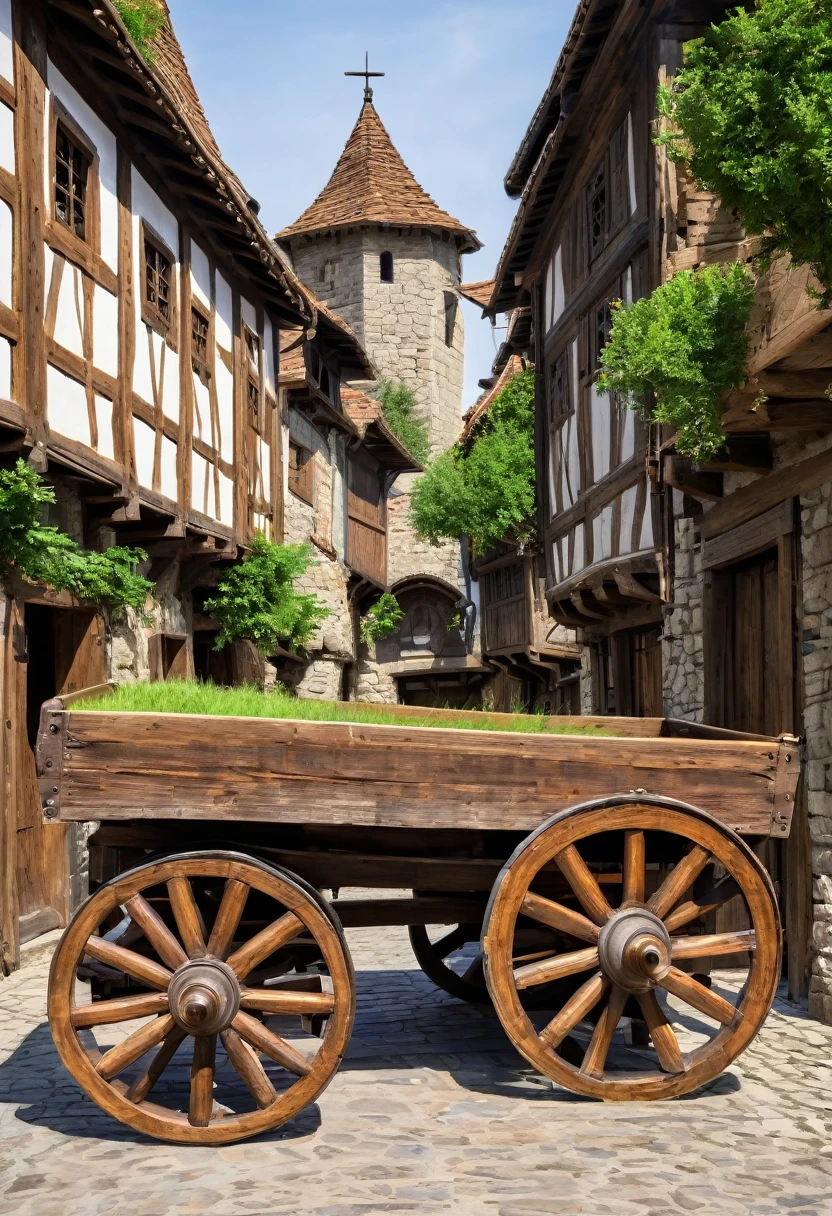 carts with wooden wheels , medieval era