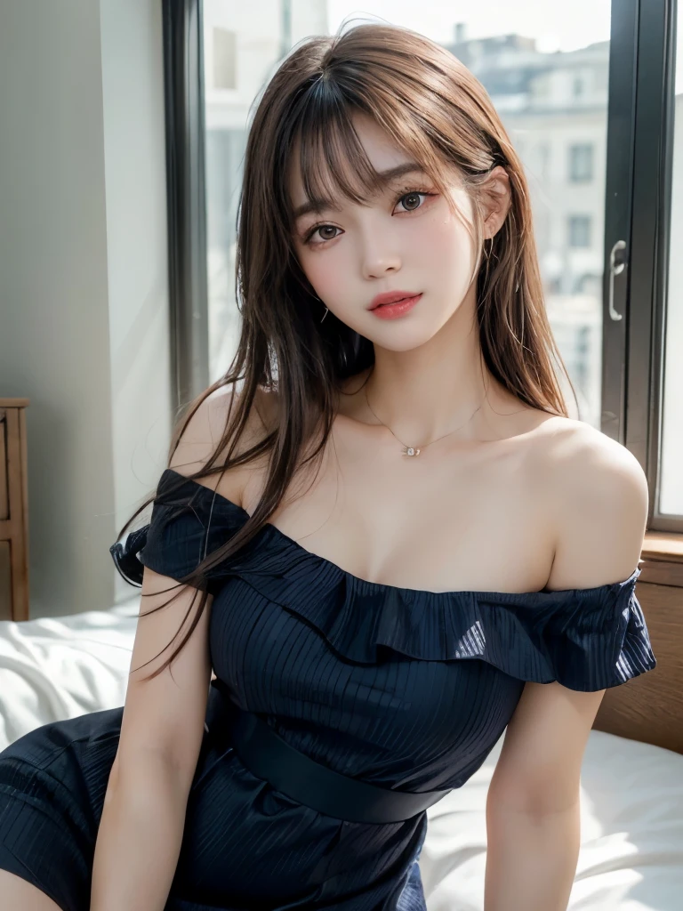 ((masterpiece: 1.3),8K, Realistic, RAW Photos, Highest quality: 1.4), (One Girl), beautiful顔, (Realistic Face), (Brown long hair: 1.3), bangs, Perfect dynamic composition,(High quality with attention to detail, Realistic depiction of eyes:1.3)、(((She is wearing a navy blue short-sleeved off-the-shoulder dress.、White panties, right eyes、blue sky))),The whole is facing forward、21talent、beauty、Well-formed face、Even out the eyes、beautiful黒髪、Banditium Build、Balanced ratio、beautiful足、Short sleeve blouse、Fresh face、beautiful景色、beautifulヘアスタイル, (bangs), (smile), smile, Realistic eyes, Gloss, highlight, highlight in the Eyes, eyelash, 目の中のbeautifulディテール, (Realistic Skin), Shooting from the air、beautiful肌, Transparency、(beautiful)、 bust, smile, teeth, Confused, charm, 超High resolution, Ultra-realistic, High resolution, Golden Ratio, Clear eyes, Wet, Mole, Looking into the camera, ear, Shine, Long neck, double eyelid, Big eyes, cheek, kind character, charm personality, kind, Move, 圧倒的なcharm, bright personality