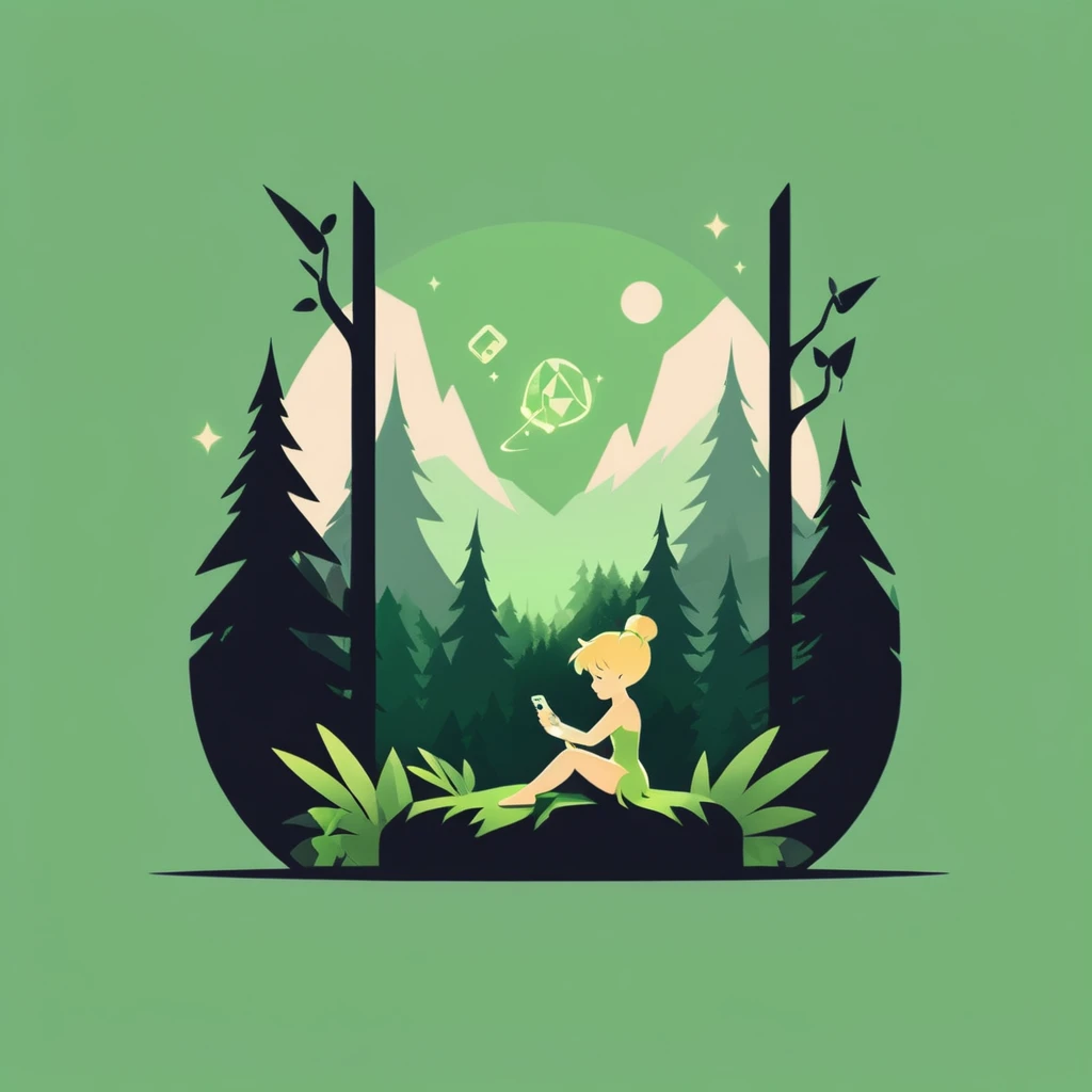 A logo for a video game company, with TinkerBell playing video games with a Gameboy, sitting in a forest, minimalist, of various shades of green.
