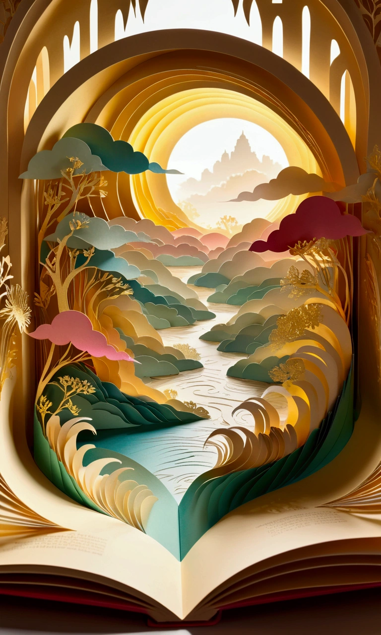 pop up book with paper Cutting art, intricate, intrincated gold patterns in the cover, the book emanates a golden light and a burst of wind revolves the mist and colored fog of the room,thick wavy Brush strokes, Digital illustration. brush strokes, watercolor, in the background golden rays and beautiful landscape, fantastic art, dreamy atmosphere, rainbow waves, Peaceful environment, close up, (best quality, masterpiece)
