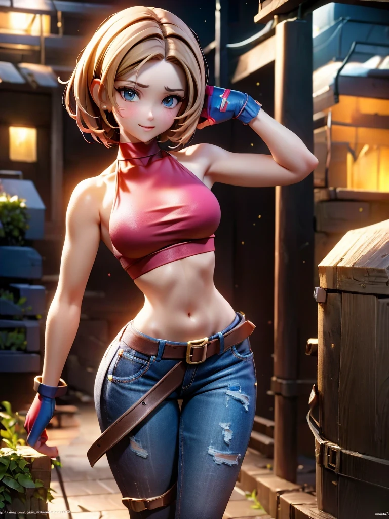30 year old woman, alone, athletic, by the semi-cut ruby, she is wearing a tight red crop top, he wears blue jogger pants, has two belts, one small and the other a large belt hanging from his brown waist., wears blue fingerless gloves , he wears brown boots, smile at the viewer, points at the viewer, There is a little brown dog with white spots with her, high resolution, absurd, intricate, sharp focus, a New York alley in the background, Best Quality, Masterpiece, high resolution, Perfect picture, Very detailed, High contrast, Digital colors, simple, medium shot, cinematographic, ultra sharp focus, award-winning photography, perFect contrast, high sharpness, depth of field, ultra detailed photography, global illumination, fluid, ultra high definition, 8k, unreal engine 5, ultra-sharp focus, award-winning photography, Art Season Trends,