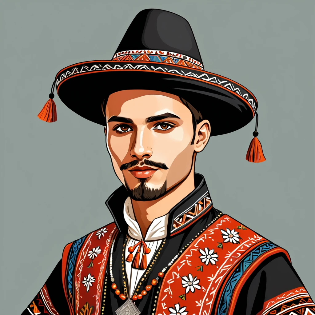 man in folk outfit from an unknown european ethnic group, vector graphics, strong contours