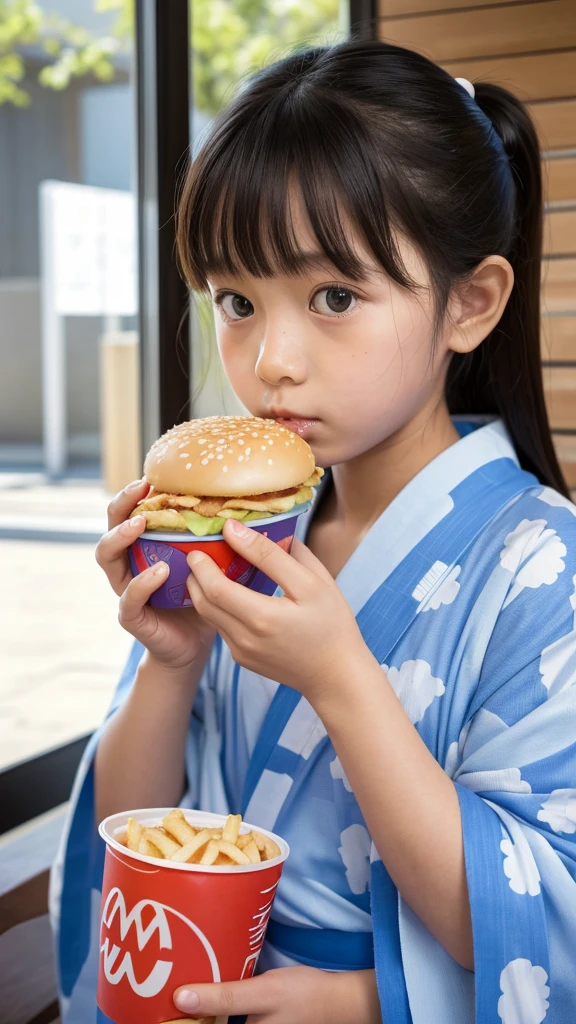  girl　Japanese　Light blue yukata　Realistic Skin　Bigeyes　Eating a Big Mac　フライドポテトを食べている