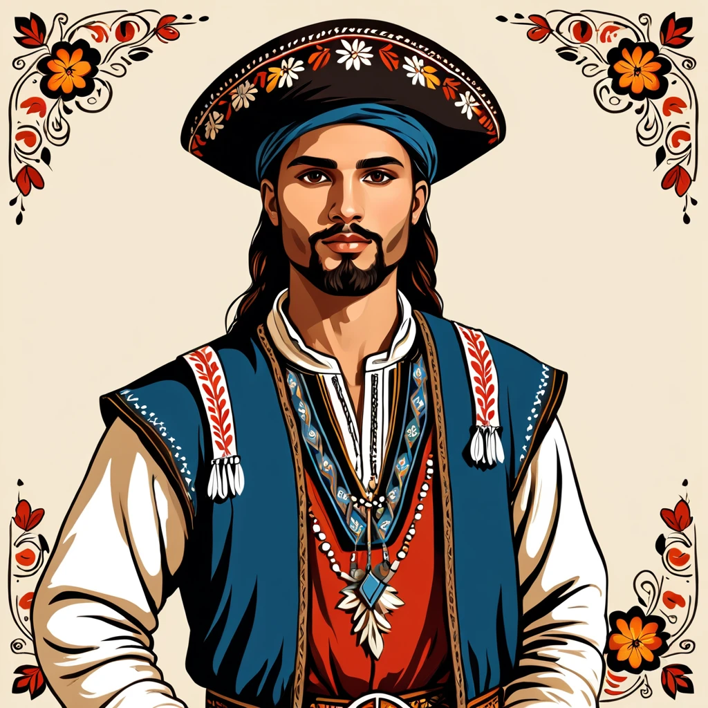 man in folk outfit from an unknown european ethnic group, vector graphics, strong contours