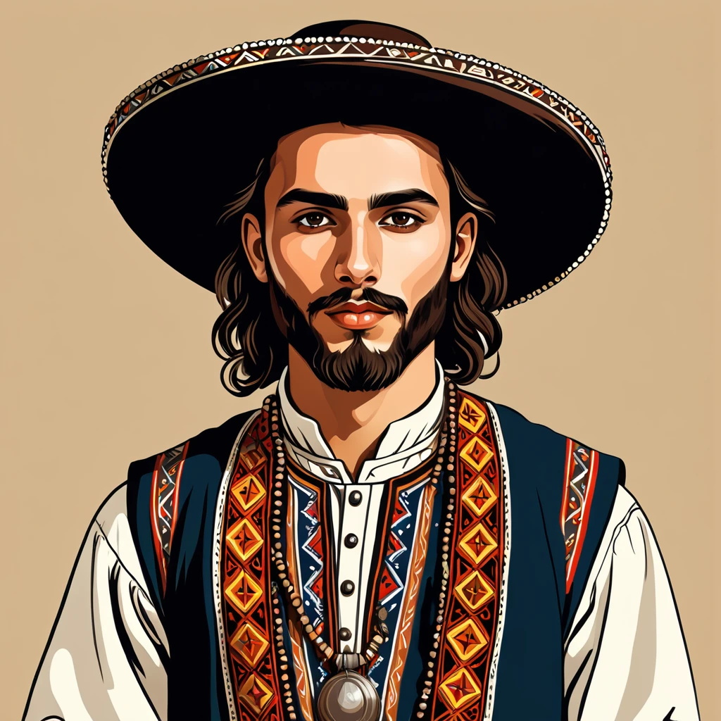 man in folk outfit from an unknown european ethnic group, vector graphics, strong contours